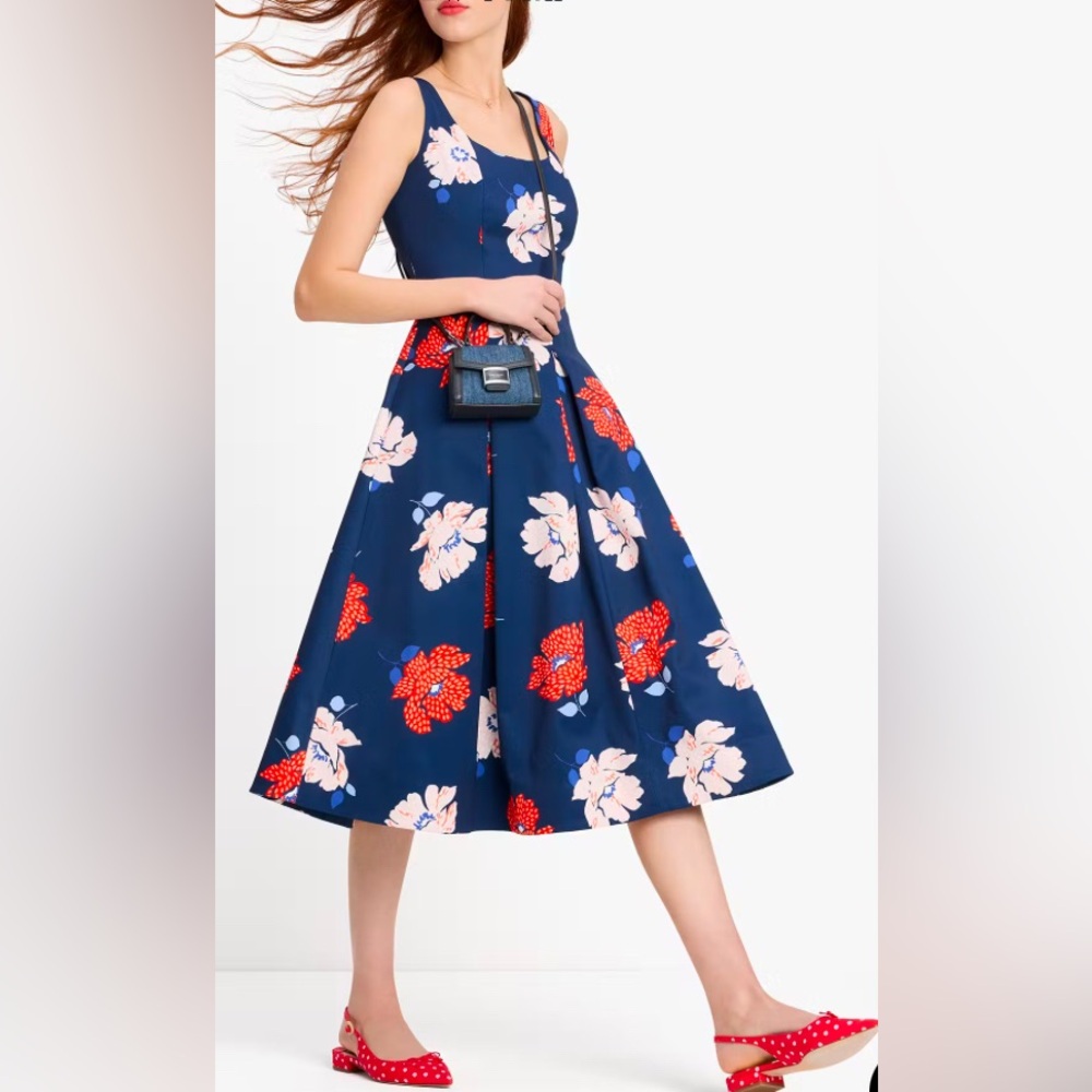 Kate Spade Red and Navy Blue Pleated Dotty Floral Faille Midi Dress Size 00